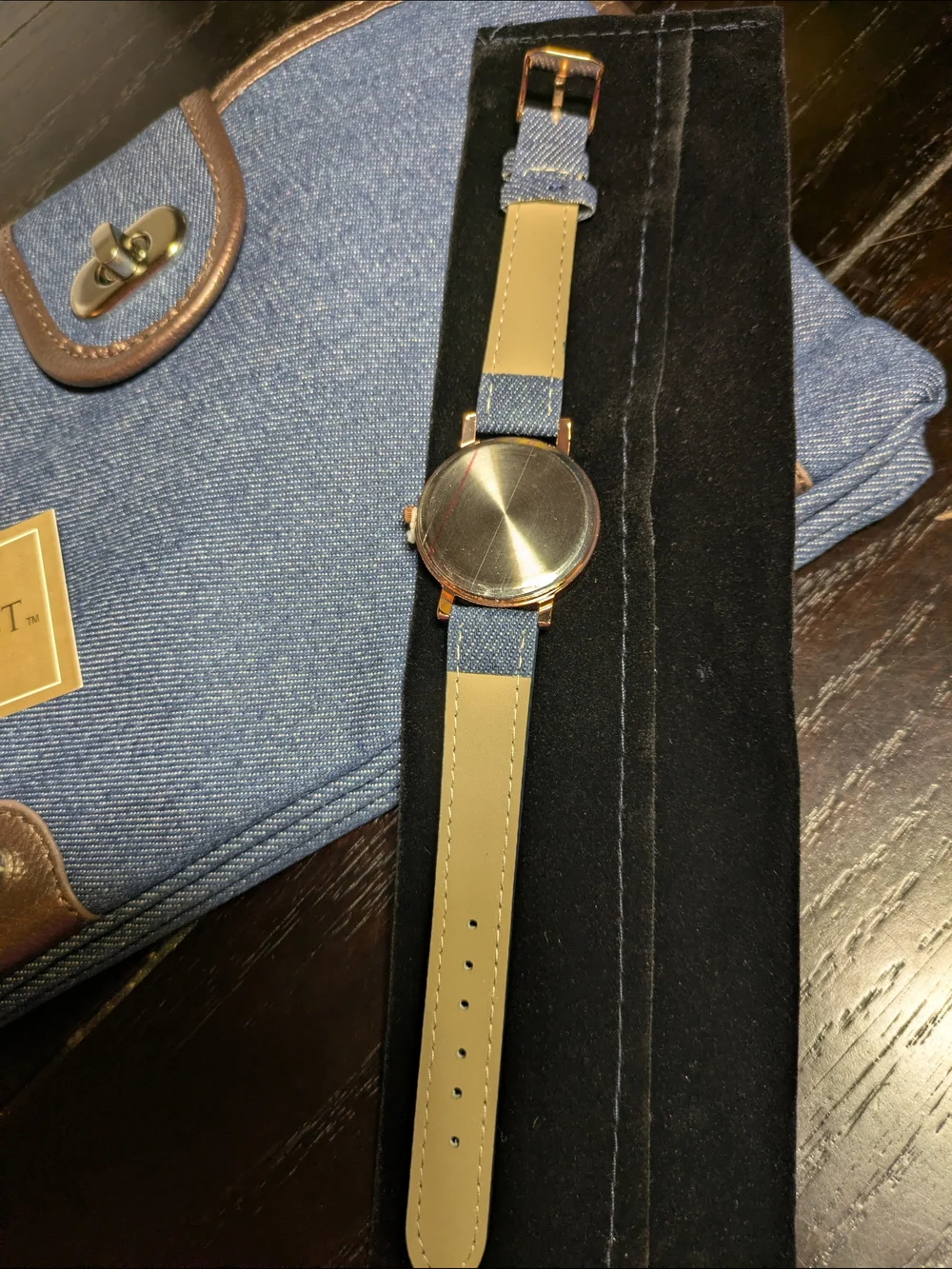 Gold Coast Denim Handbag Bag And Matching Watch - Blue with Brown Trim